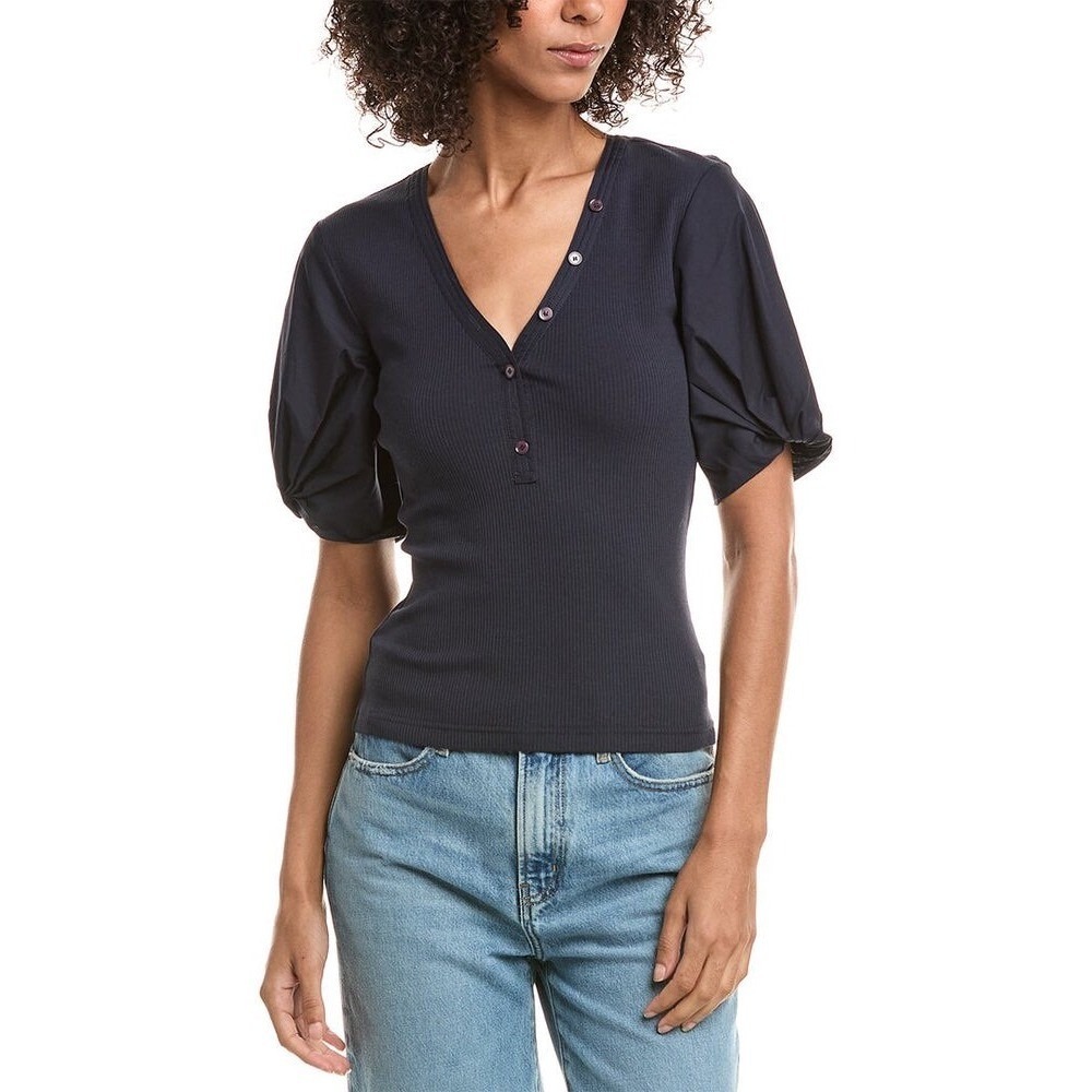 NEW Derek Lam 10 Crosby Fall Mixed Media T Shirt Puff Sleeve V Neck Black $250